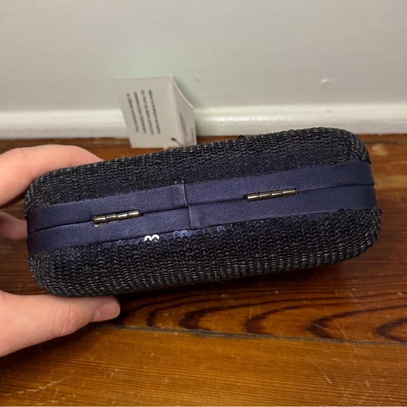 NWT Santi Navy Sequence and Satin Box Clutch Clam Shell Crossbody - Picture 3 of 10